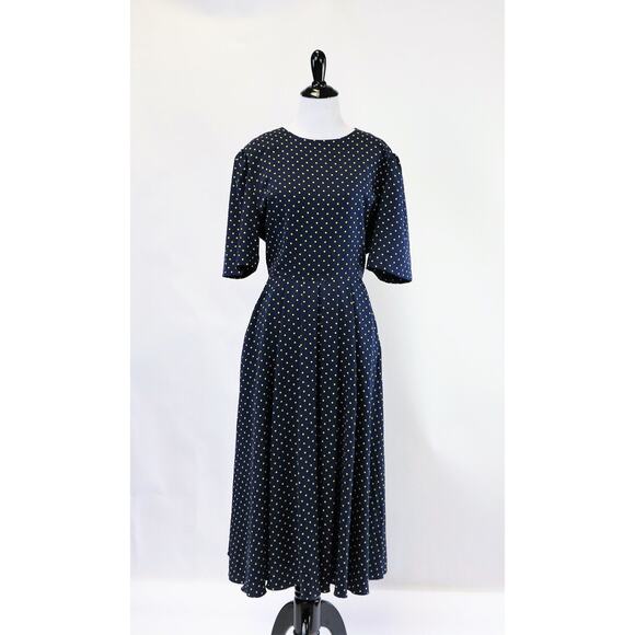 Vintage Navy Dress with Yellow Polka Dots, Full Skirt and Pockets Medium - Picture 10 of 10